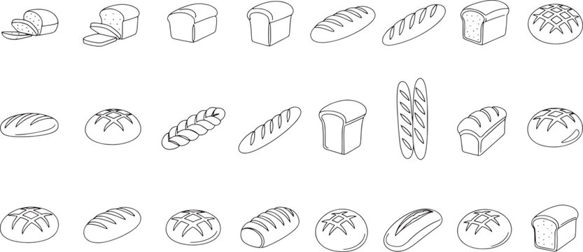 Various types of bread loaves and slices in a sketched style loaf black and white