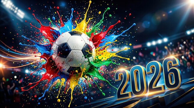 Vibrant soccer ball exploding with colorful paint splashes near the year 2026