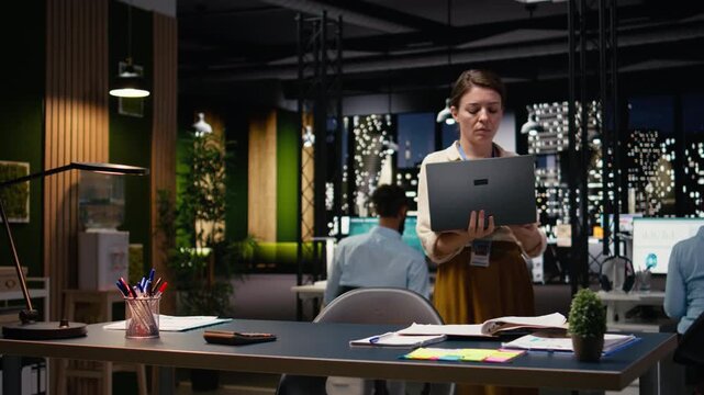 Businesswoman thinking about a strategic action plan in office, ensuring business intel to meet company objectives and guarantee success. General manager researching data online.
