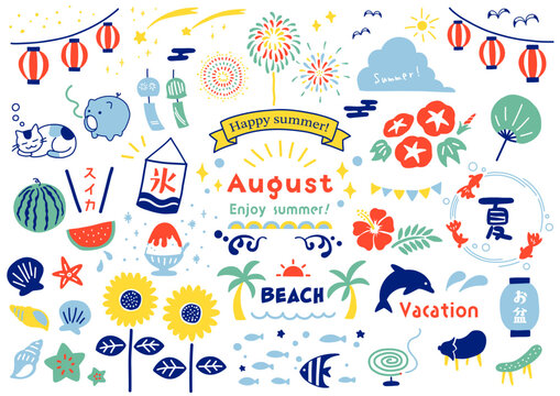 8月の夏イベント手描きイラストセット：お盆・夏祭り・ひまわり・暑中見舞いのあしらい素材 / August Summer Event Hand-Drawn Illustration Set: Obon, Summer Festival, Sunflower