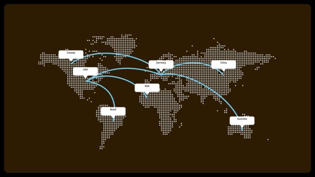 Global digital map animation displays interconnected data points and network flow motion