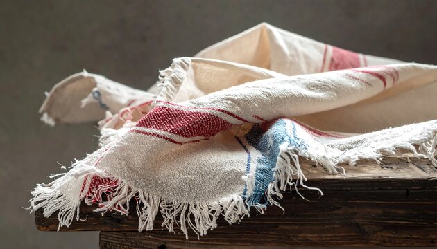 Close-up of a textured, fringed cloth with red and blue stripes draped over a weathered, wooden surface, against a blurred backdrop