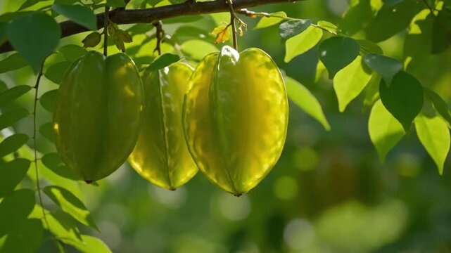 Fresh Starfruit Growing on Tree Branch in Tropical Garden