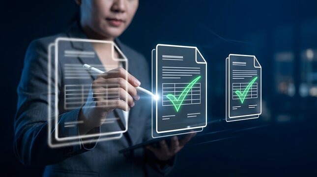 Digital forms and data validation concept businesswoman interacting with glowing checklists