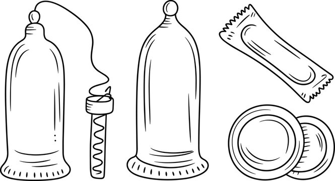 Condom and Contraceptive Vector Illustration Set with Packet and Diaphragm Outline Sketch Icons for Sexual Health Design