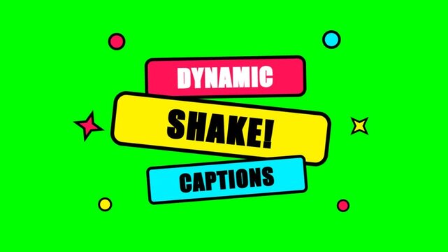 Dynamic shake captions with colorful pop art elements on green screen.