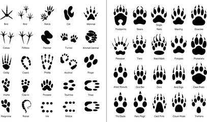 Wild Animal Footprint and Paw Print Silhouette Vector Collection with Bird Cat Dog Bear and Wildlife Track Identification Icons © Shakhawat