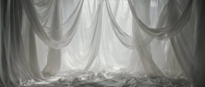Clean origami-style paper pedestal in a surreal room made of soft flowing white silk