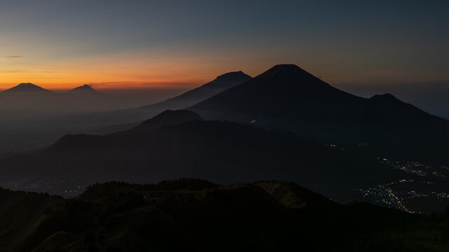 Aerial view of sunrise on Mount Prau, Wonosobo.