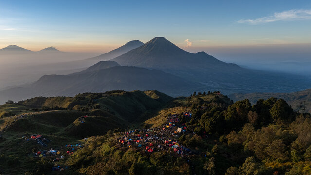 Aerial view of the camp area at the top of Mount Prau.