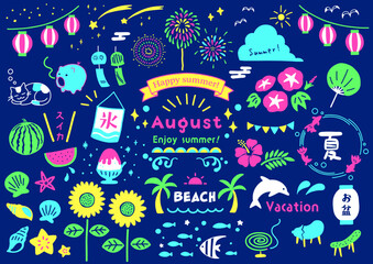 8月の夏祭り・夜イベント手描きイラストセット：花火・お盆・ネオンカラーの夜のあしらい素材 / August Summer Night Festival Illustration Set: Fireworks, Obon, Neon Colors © moe.