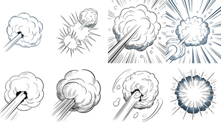 Comic Book Explosion and Smoke Cloud Vector Set with Blast Impact Speed Lines and Dynamic Action Effect Illustrations for Design © Shakhawat