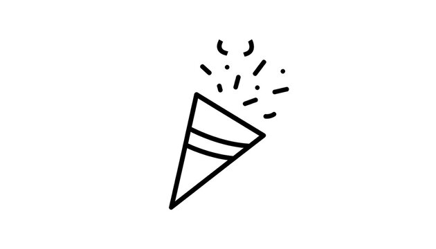 Simple line drawing of a party popper exploding with confetti, isolated on white, suitable for celebration themes.