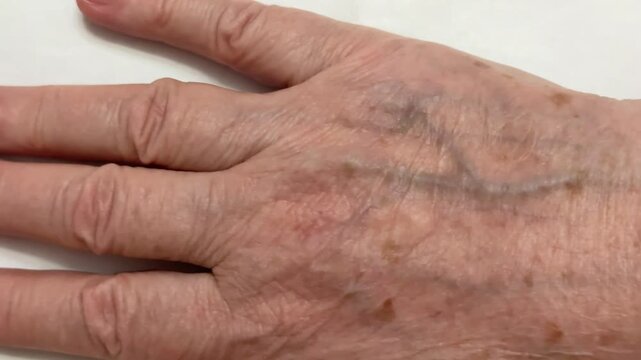 Aged White Woman's Hand Closeup Showing Uncut Nails, Brown Age Spots, Pronounced Wrinkles And Visible Veins, Resting On Neutral Fabric Background Under Soft Natural Light, High Texture Detail