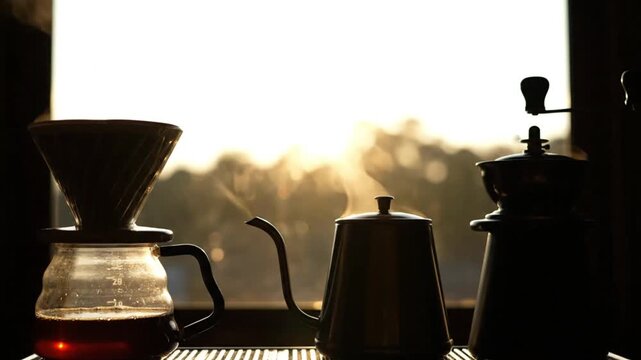 Pour Over Coffee Brewing Setup in Warm Morning Light