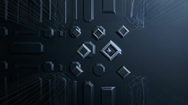 Abstract Geometric Background with Dark Metallic Cubes and Futuristic Panel Design