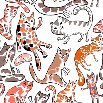 set of animals cartoon cats and kittens seamless abstract pattern background fabric fashion design allover print wrapping paper digital illustration art texture textile wallpaper colorful apparel imag