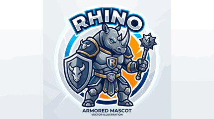 Obraz premium Armored Rhino Mascot with Shield and Mace, Warrior Animal Logo