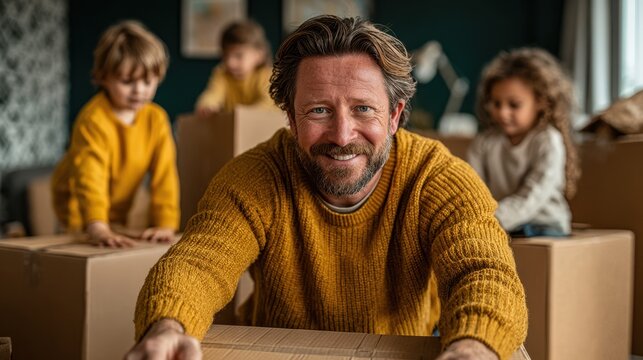 Caucasian father in yellow sweater assembling furniture with children