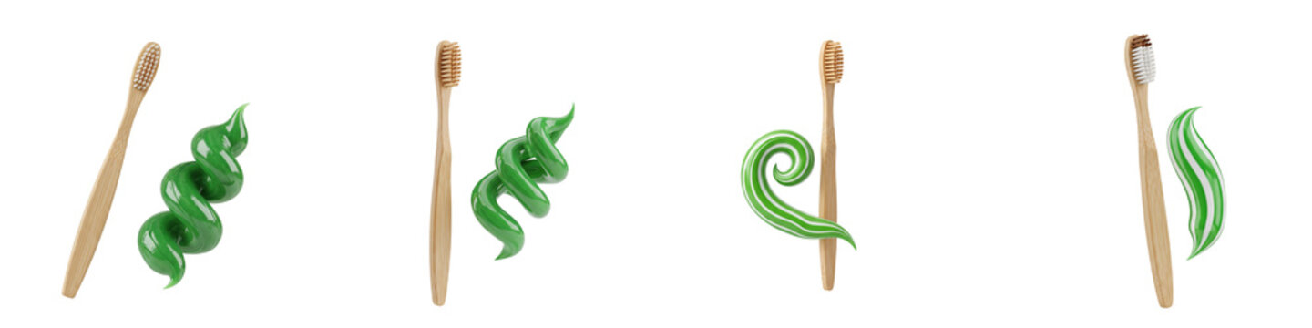 Bamboo toothbrushes and green toothpaste swirls isolated on black background