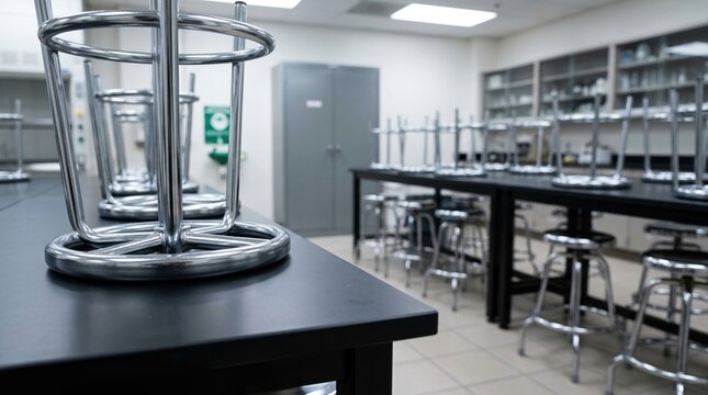 laboratory classroom stools science empty school education interior of a modern research facility or chemistry lab with metal furniture upside down on black desks for cleaning.