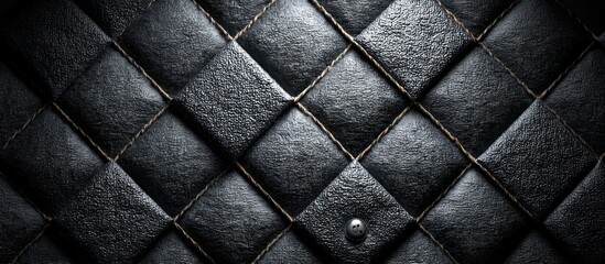 Fototapeta premium Close-up of black, textured, quilted surface with diamond pattern and button. Focus is on detail