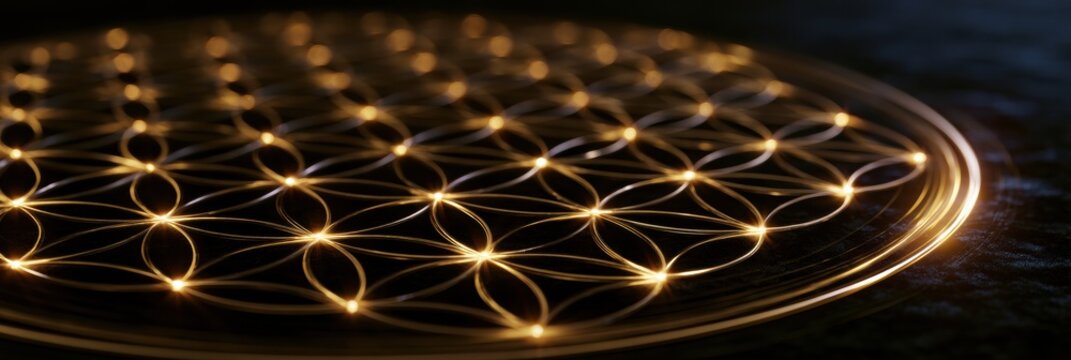A glowing golden Flower of Life in sacred geometry shines against a black velvet background, illuminated by warm light.