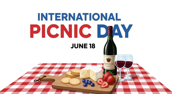 Picnic setup with wine and cheese on red tablecloth