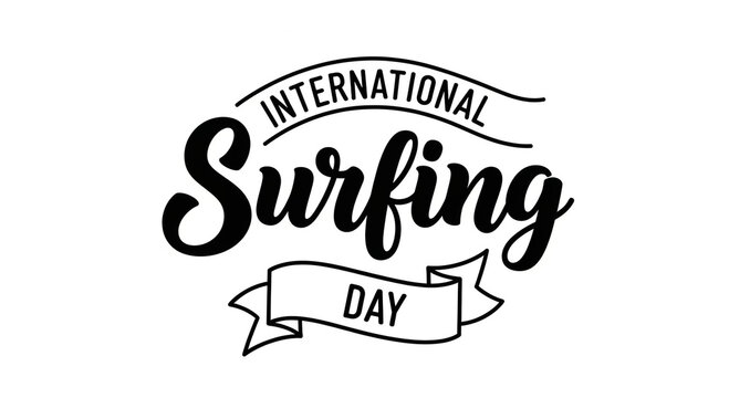 International surfing day black text logo with ribbon on white background