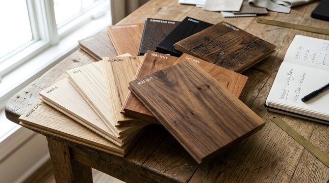 Diverse collection of wooden material samples arranged on a rustic wooden table showcasing a spectrum of natural wood tones and textures ideal for interior design and construction project