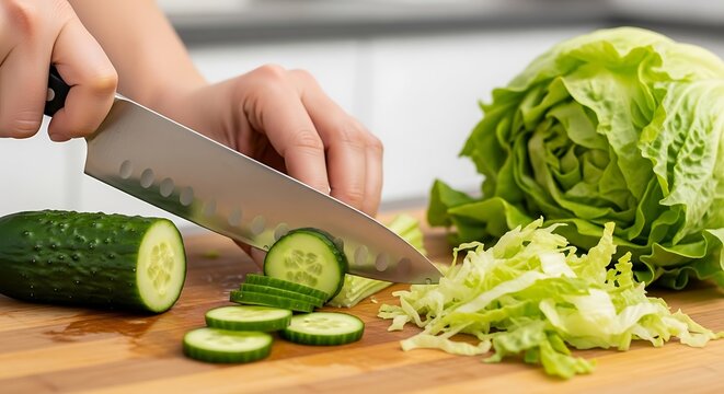 Hands cutting cucumber and lettuce.