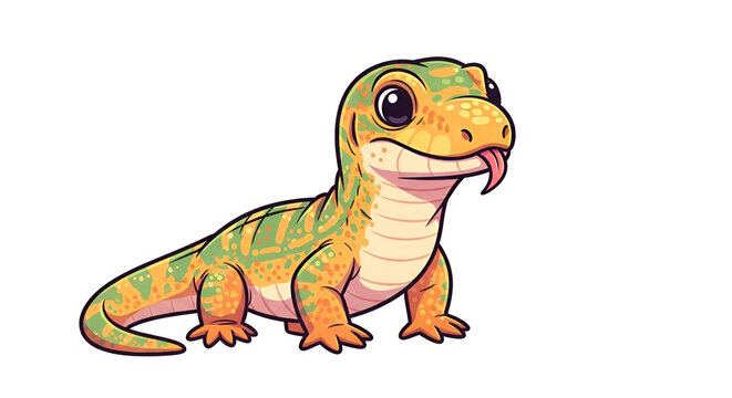 Cute colorful lizard cartoon with big eyes and tropical patterns in adorable kawaii illustration style.