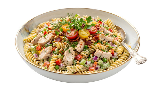 Healthy chicken pasta salad with fusilli, fresh cherry tomatoes and herbs. Mediterranean rotini pasta bowl with grilled poultry and vegetables. Gourmet summer meal.