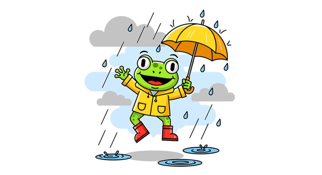 Cartoon Frog Wearing Rain Gear Outdoors.