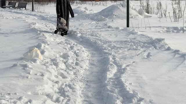 Woman pulling cart through snow, long dark coat and patterned trolley trudging along narrow snowy path with visible footprints