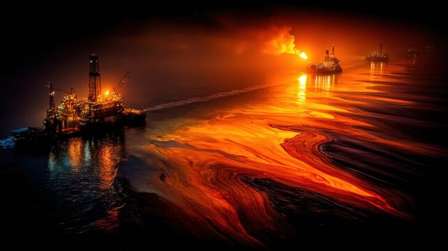 Oil slick on dark ocean reflects orange fire glow from burning flares on damaged platform in night view of environmental disaster