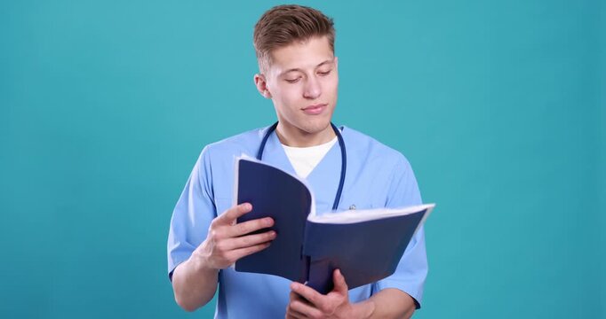 Medical assistant with folder on blue background