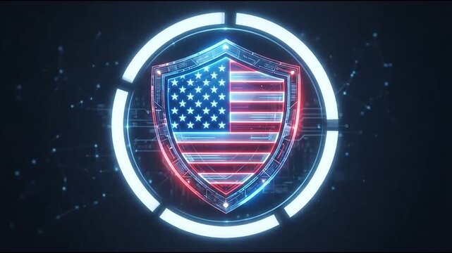 American flag shield emblem glowing with neon cybersecurity data protection lights in a high tech motion graphic animation video clip