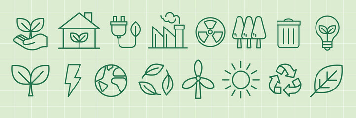Obraz premium Vector icons of eco-friendly themes: plants, recycling, energy, and nature.
