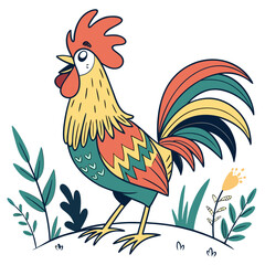 Friendly cartoon rooster standing in a meadow with grass and wildflowers farm animal farm life bird life cockerel © Akhi