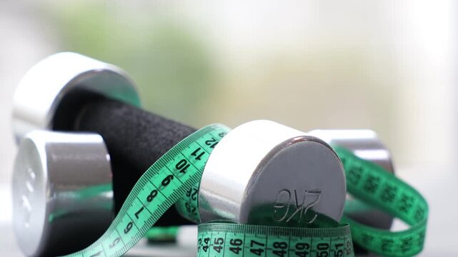 Measuring tape and dumbbells on blurred background, closeup. Camera moving forward