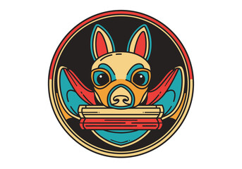 Fototapeta premium A stylized circular emblem featuring a cartoon-like bat character with large eyes and outstretched wings, holding a thin, rectangular object in its mouth