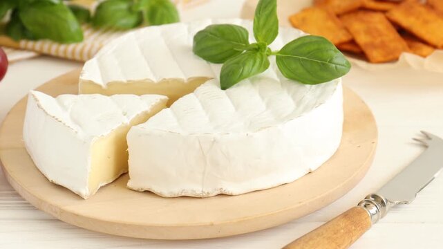 Cut delicious brie cheese, grapes, crackers and basil on white wooden table, closeup. Camera moving right