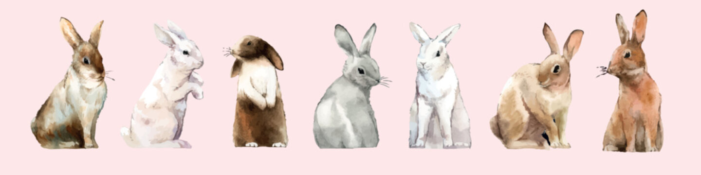 Vector set of watercolor rabbits in varied poses on a pink background