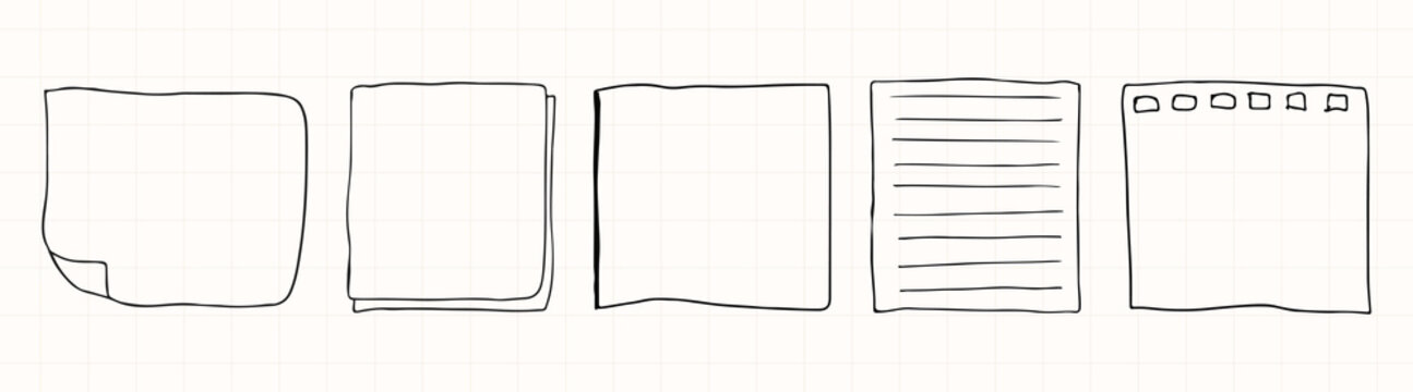 Vector of five hand-drawn paper icons, including lined and tabbed designs.