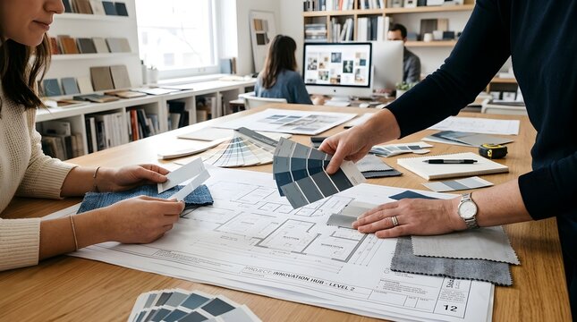 Interior design professionals collaborate on a project selecting material samples and reviewing architectural plans laid out on a large wooden table in a bright collaborative workspace with