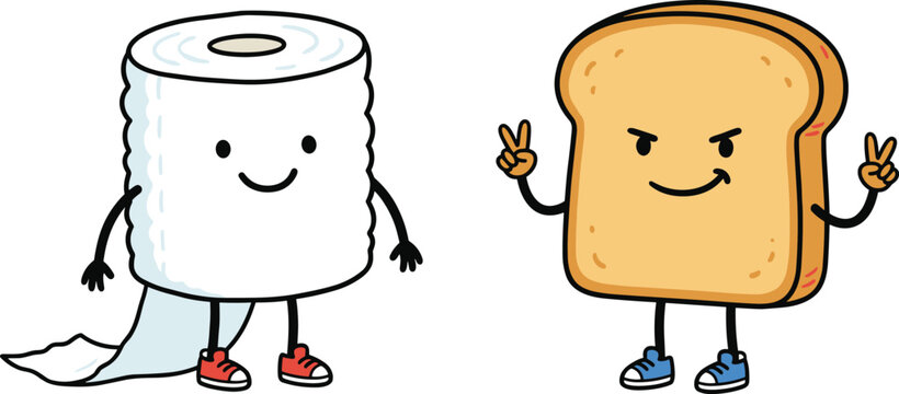 Cute Cartoon Toilet Paper and Sliced Bread Characters with Happy Expressions and Sneakers for Creative Graphic Designs, Posters, and Stickers