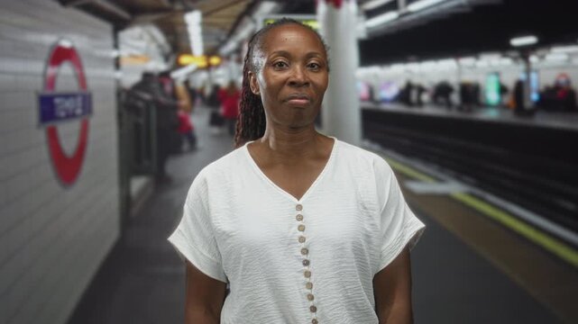African american woman purses lips and looks upward, wearing white blouse on a subway platform inside a building; quiet contemplation.