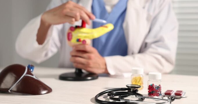 Doctor demonstrating model of liver and pancreas during consultation at light wooden table in clinic, focus on stethoscope and pills