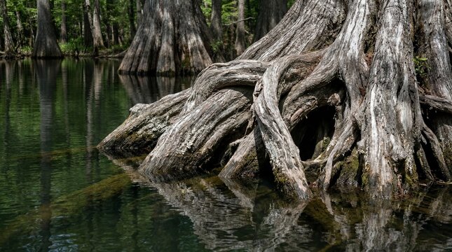 Ancient cypress tree roots twisted in a calm swamp river
